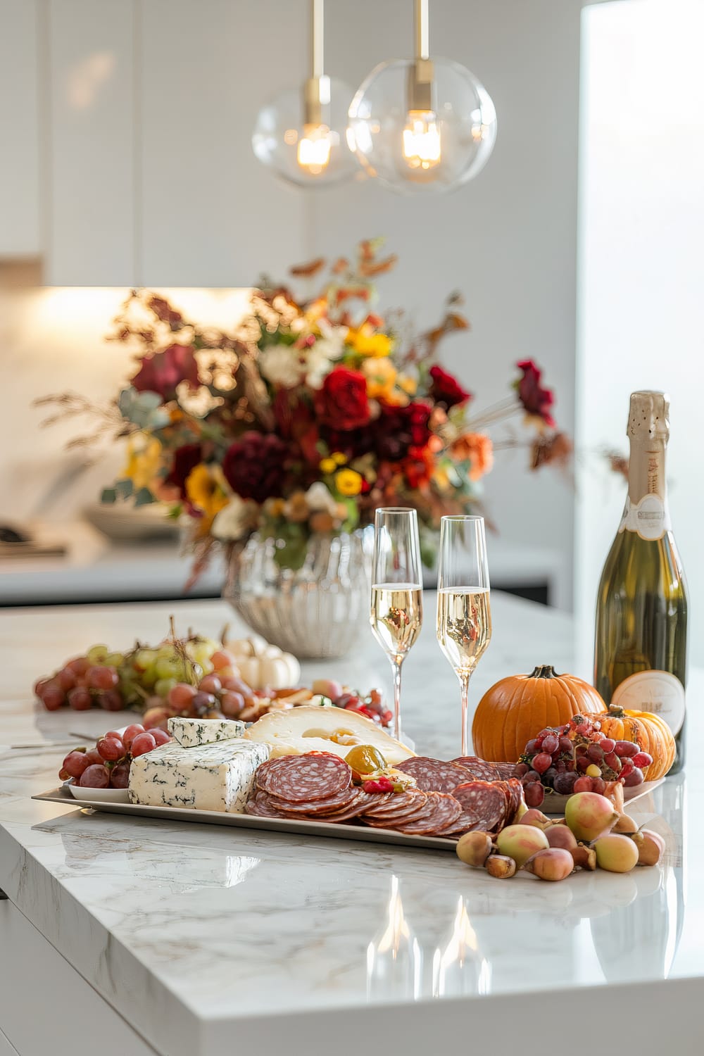 A modern Friendsgiving charcuterie and champagne brunch setup on a white marble countertop. The arrangement includes an assortment of cured meats, cheeses, fresh fruits, and gourmet crackers displayed on a sleek metallic tray. Two flutes of champagne, a bottle of champagne, and a small pumpkin are placed next to the tray. A geometric vase filled with autumn flowers in deep red and yellow hues is also present. Elegant pendant lights illuminate the setup.