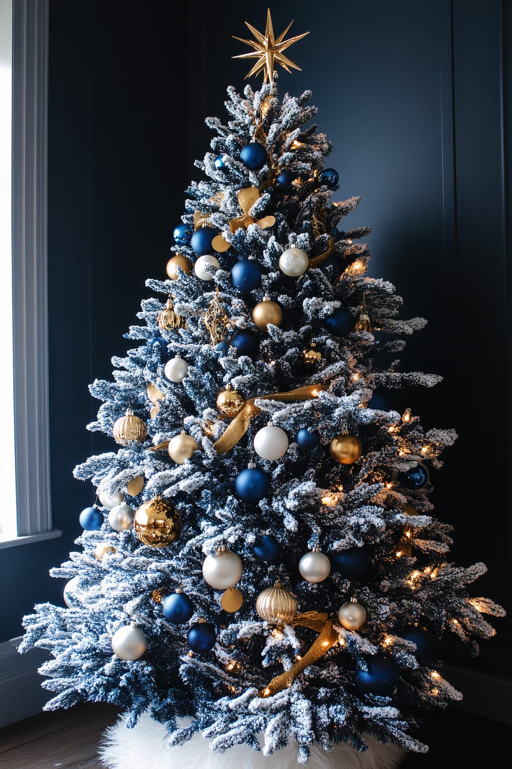 A stylishly decorated Christmas tree with frosty branches adorned with blue, gold, and white ornaments, topped with a golden star. The tree is situated in a room with dark blue walls, illuminated by soft, warm lights, contributing to a sophisticated festive atmosphere.