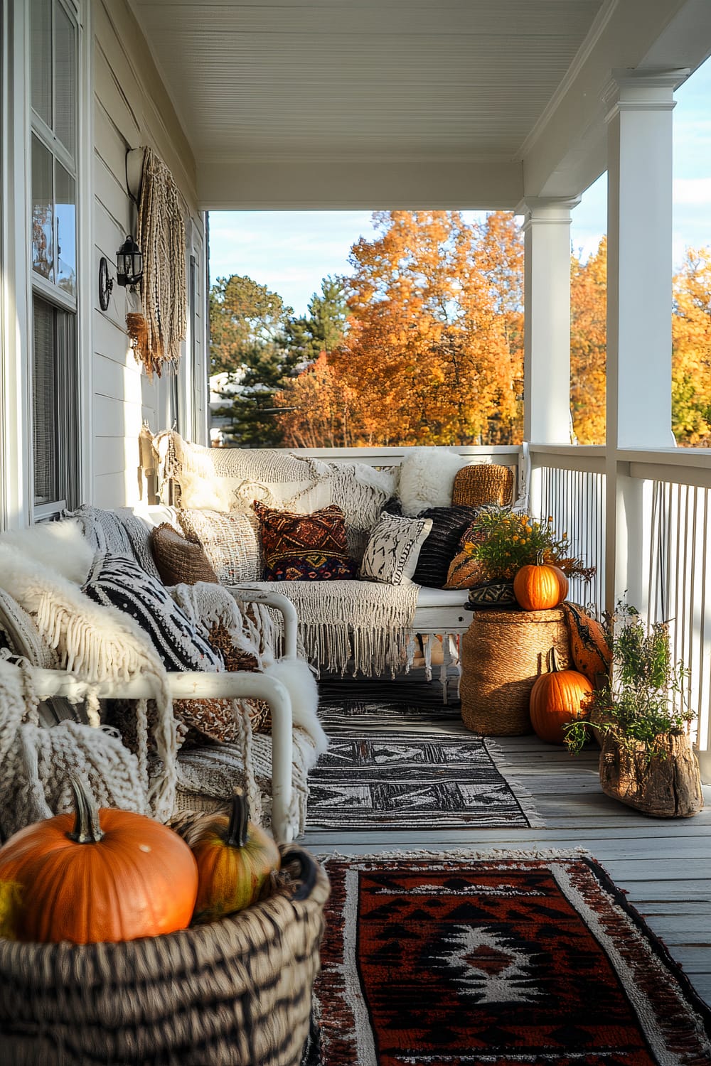 A charming porch adorned with cozy autumnal decorations. There are cushioned seats with various patterned pillows, fringed blankets on the seating, and woven baskets filled with pumpkins. The warmer hues of the textiles and decorations contrast with the pale wood floor and columns. Greenery and fall foliage add a touch of nature to the scene.