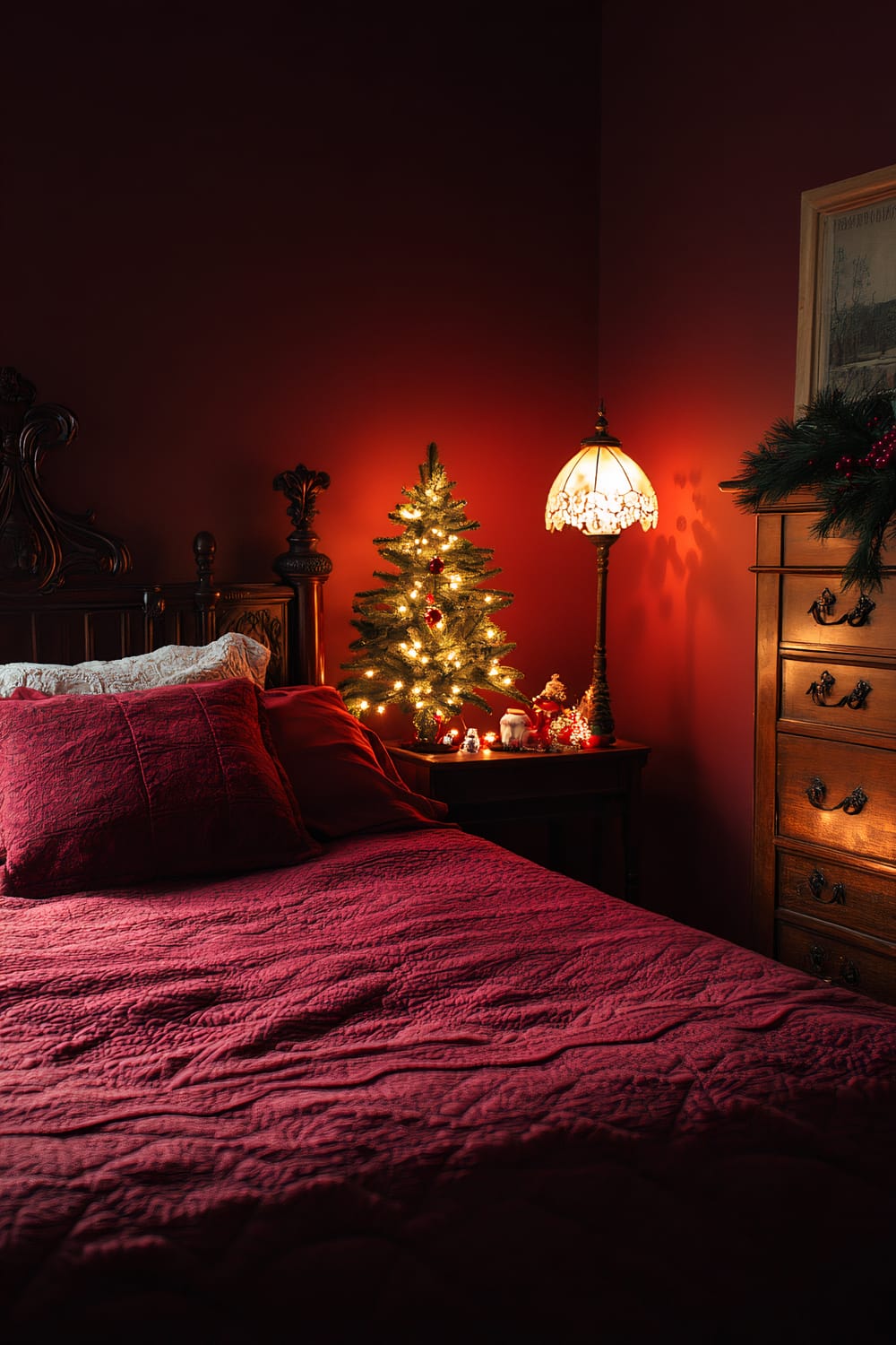 A vintage-inspired bedroom features rich burgundy hues. A small, decorated Christmas tree with warm white lights is placed on a bedside table. On the same table, an antique lamp illuminates the room with a soft glow. The bed is adorned with a quilted burgundy bedspread and matching pillows. An antique chest of drawers sits next to the table, decorated with festive garland, completing the warm, holiday atmosphere.