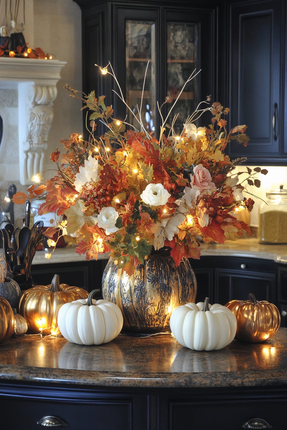 A kitchen decorated for autumn with a large floral arrangement in a metallic vase, surrounded by white and gold pumpkins on a granite countertop. The kitchen features dark cabinetry and soft ambient lighting.