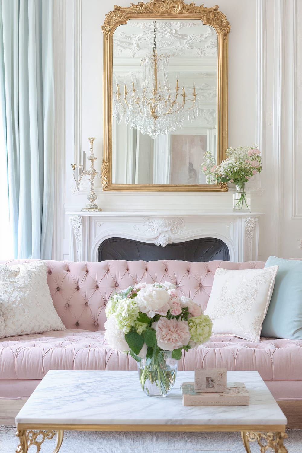 A sophisticated Parisian-inspired feminine living room featuring a soft pink tufted velvet sofa with gold accents and delicate white throw pillows. A marble-topped coffee table with ornate gold legs sits in front of the sofa, adorned with a glass vase of fresh flowers. A large gold-framed mirror hangs above a white ornate fireplace, reflecting an elegant crystal chandelier. Pale blue curtains and fresh flowers add to the romantic charm.