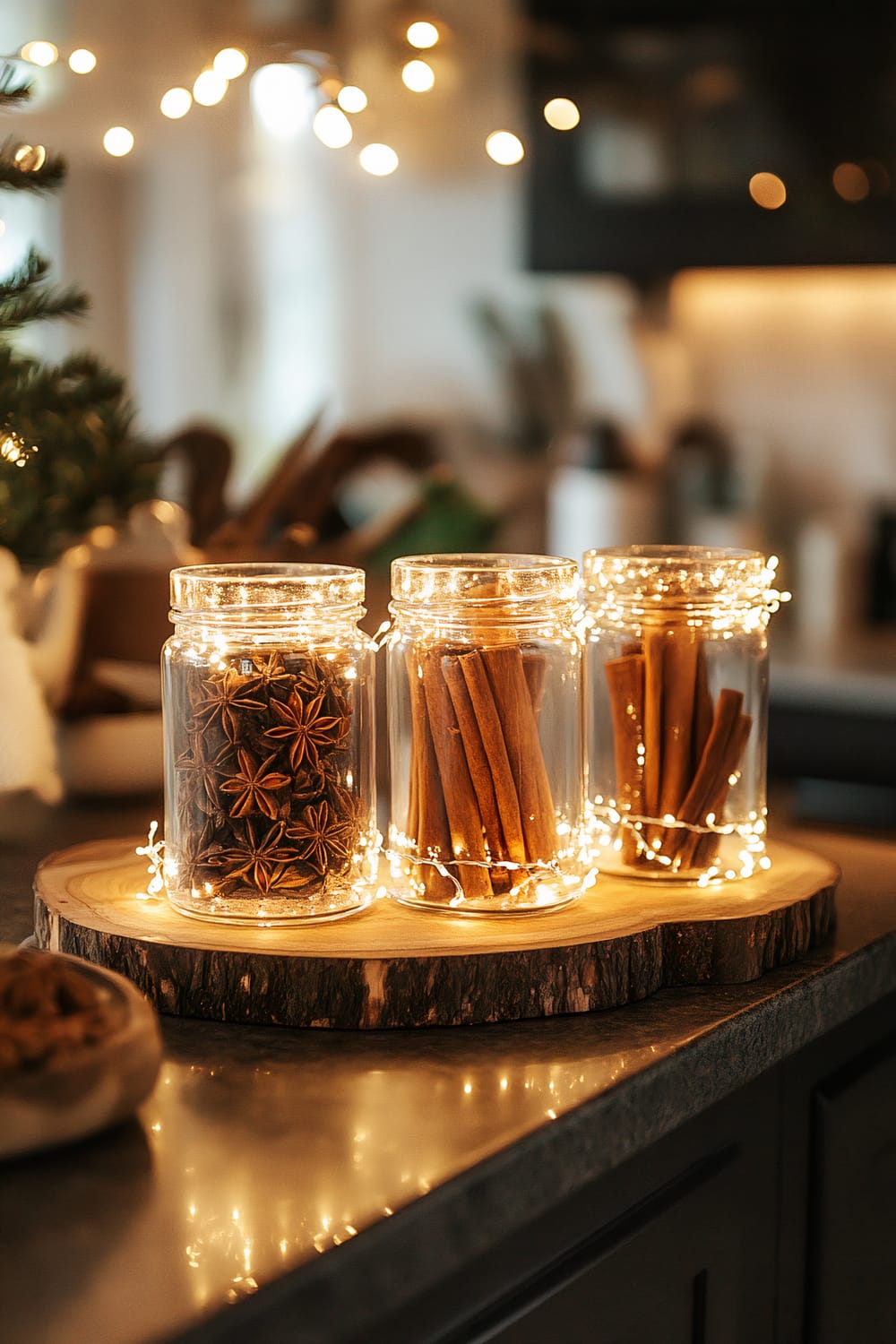 Glass jars filled with spices such as star anise and cinnamon sticks are wrapped in string lights and placed on top of a circular wooden slab on a kitchen counter. In the background, blurred string lights add to the warm and festive ambiance.