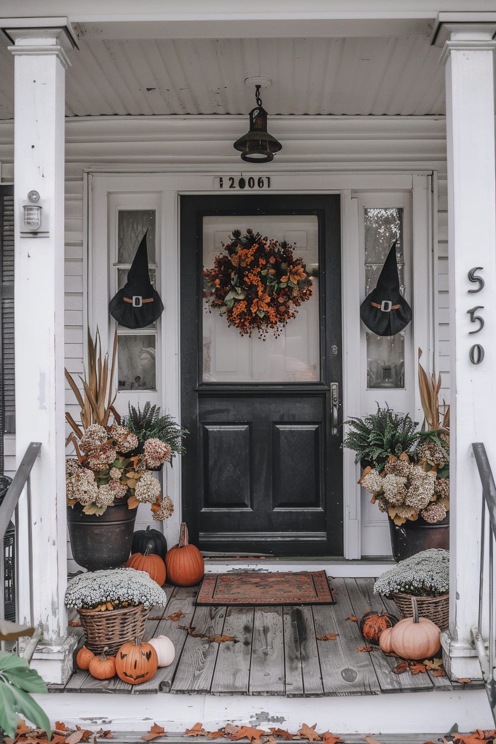 An inviting autumn-themed front porch. The entrance features a black door adorned with an orange and green fall wreath. Flanking the door are pots of dried hydrangeas and ferns, along with Halloween decorations like black witch hats and pumpkins. A wooden floor mat and scattered fall leaves enhance the seasonal decor, adding to the rustic charm of the scene.