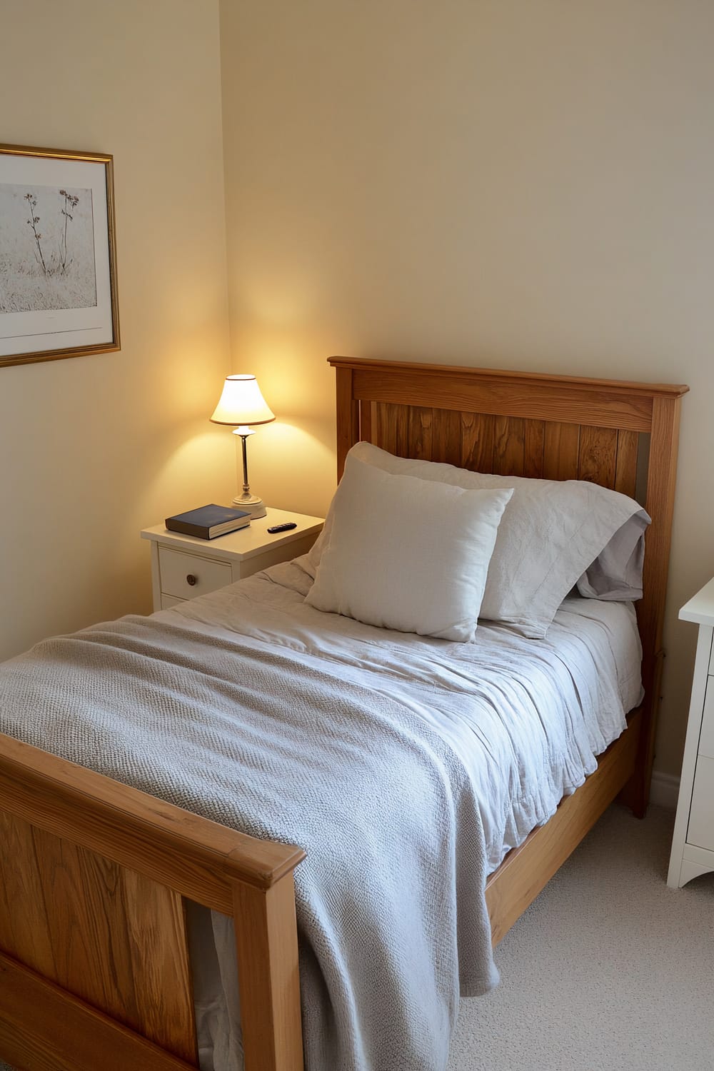 A simple and organized bedroom with light cream walls. The room features a wooden twin bed with a plain grey blanket and matching pillow. A single bedside lamp on a small white nightstand provides soft illumination. The nightstand also holds a book and a small remote control. A framed picture hangs on the light cream wall above the nightstand.