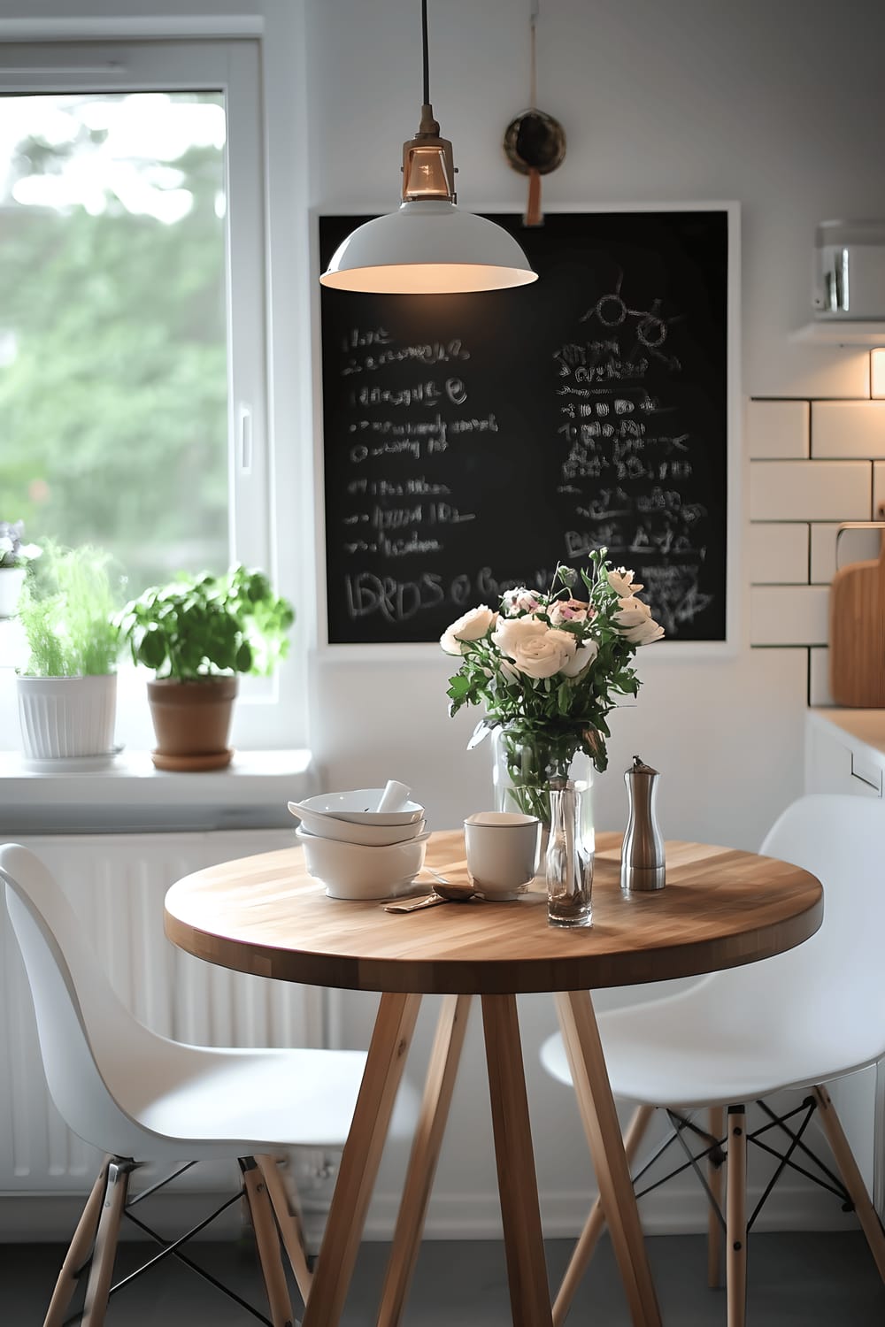 A Scandinavian kitchen nook featuring a white chalkboard with handwritten recipes and doodles, mounted above a wooden breakfast bar. A round wooden table with white chairs, a vase of fresh flowers, and pendant lights decorate the space. The chalkboard and breakfast bar are illuminated by natural light from a window.