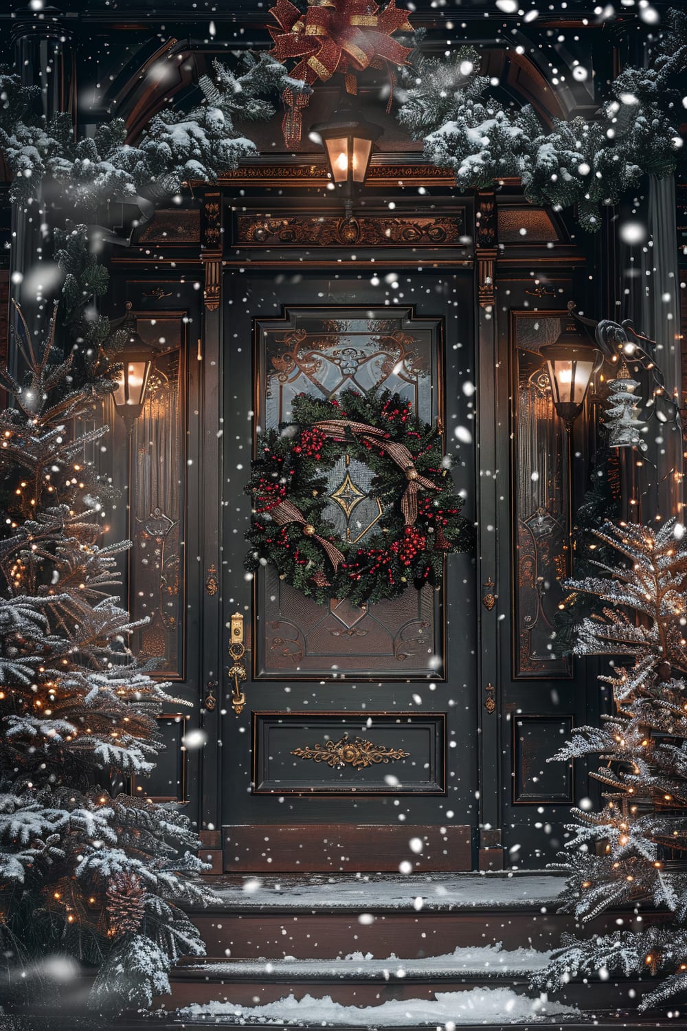 An elegant wooden front door decorated for Christmas with a green wreath adorned with red berries and a golden bow. The doorway is surrounded by snow-covered pine branches and flanked by two lit lanterns. A large red and gold bow sits atop the entrance, and snow is gently falling around the festive scene.