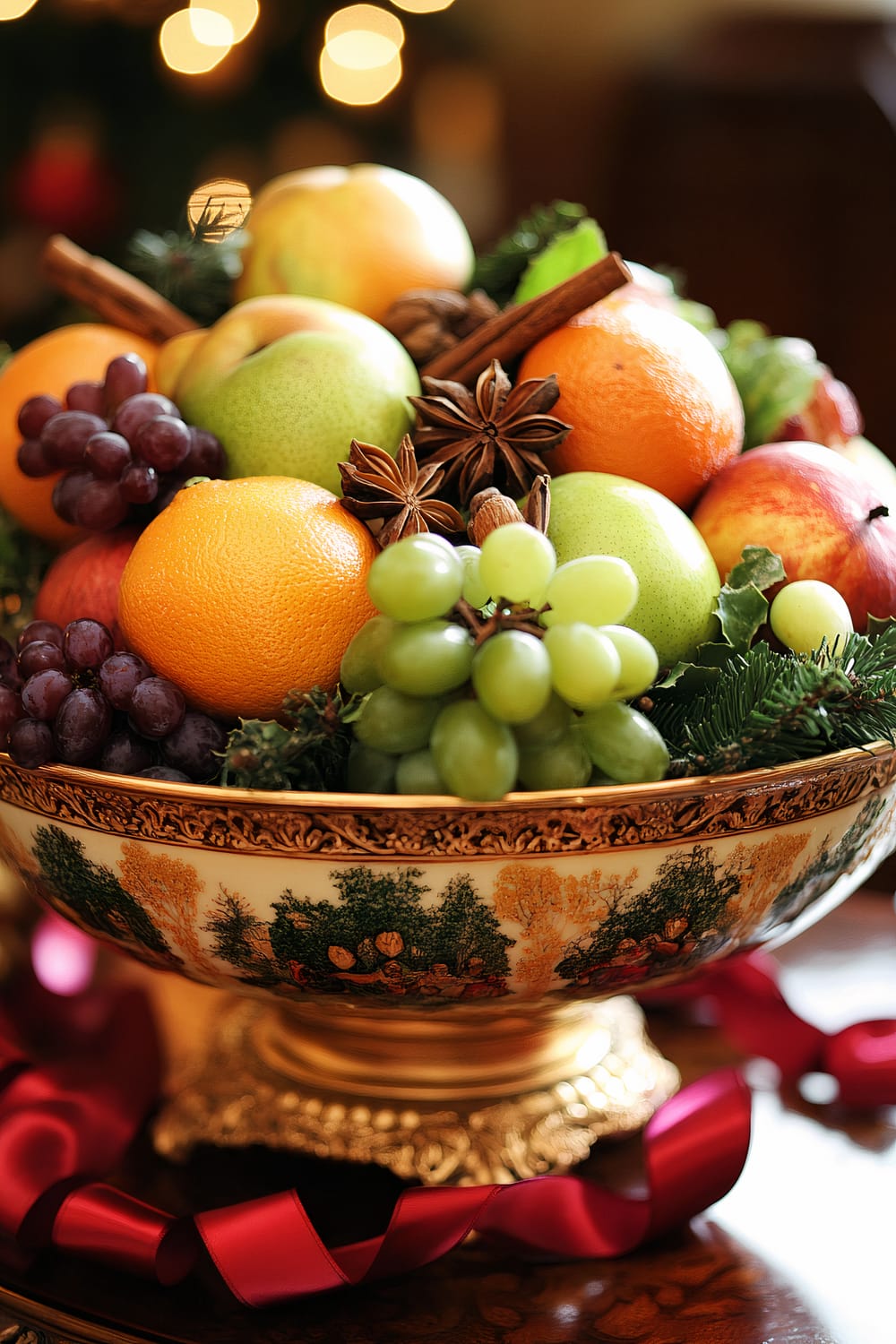 A decorative fruit bowl filled with an assortment of fresh fruits, including oranges, green and red grapes, pears, and apples, garnished with star anise and cinnamon sticks. The bowl itself is ornate with a golden base and a detailed countryside pattern, and a red ribbon is elegantly draped around its base. In the background, blurred twinkling lights suggest a festive ambiance.