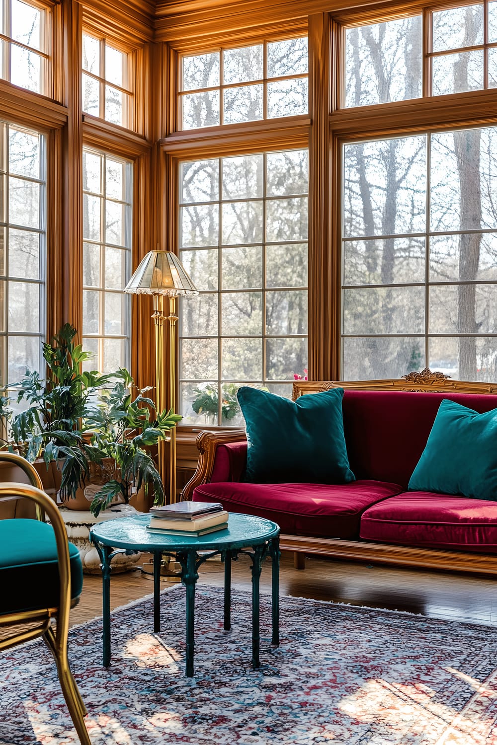 A sunlit room containing vintage wood furniture painted in dark red, situated against amber-tinted glass windows. The seating furniture has green velvet cushions. A blue metal coffee table is at the center of the room. Gold leafed brass floor lamps are placed in corners providing additional light. A single potted plant is present in the room.