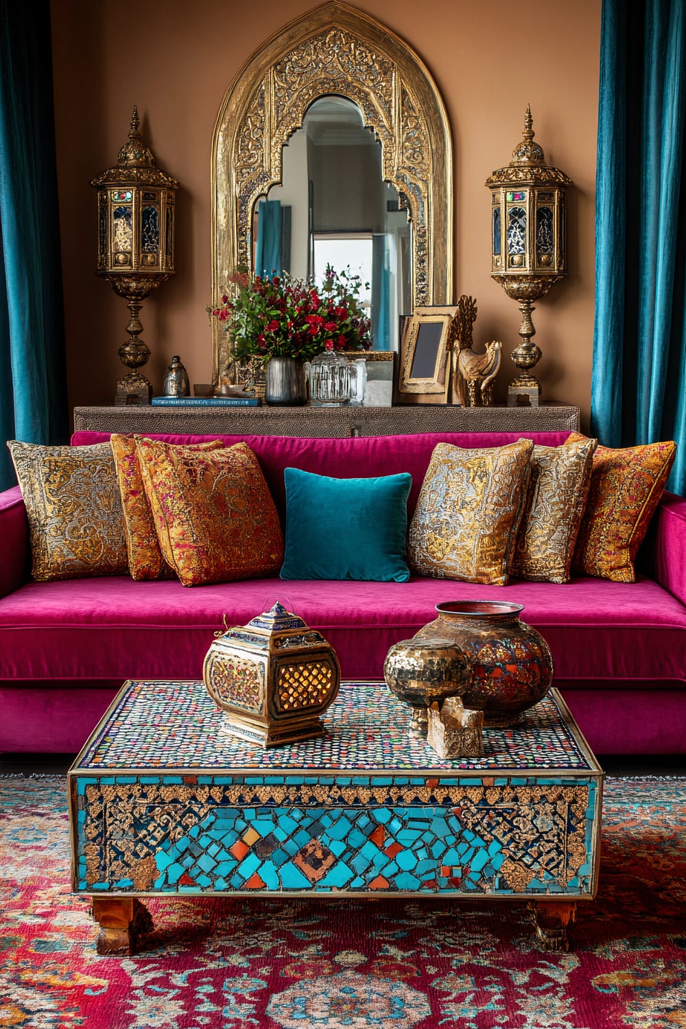 A Moroccan-inspired living room featuring a deep fuchsia velvet sofa adorned with intricate gold and teal embroidered pillows. In front of the sofa is a mosaic-tiled coffee table with vibrant turquoise, red, and gold patterns. The room has patterned Berber rug, ornate arched mirrors with gold frames, carved wooden lanterns, teal curtains, and warm terracotta walls.