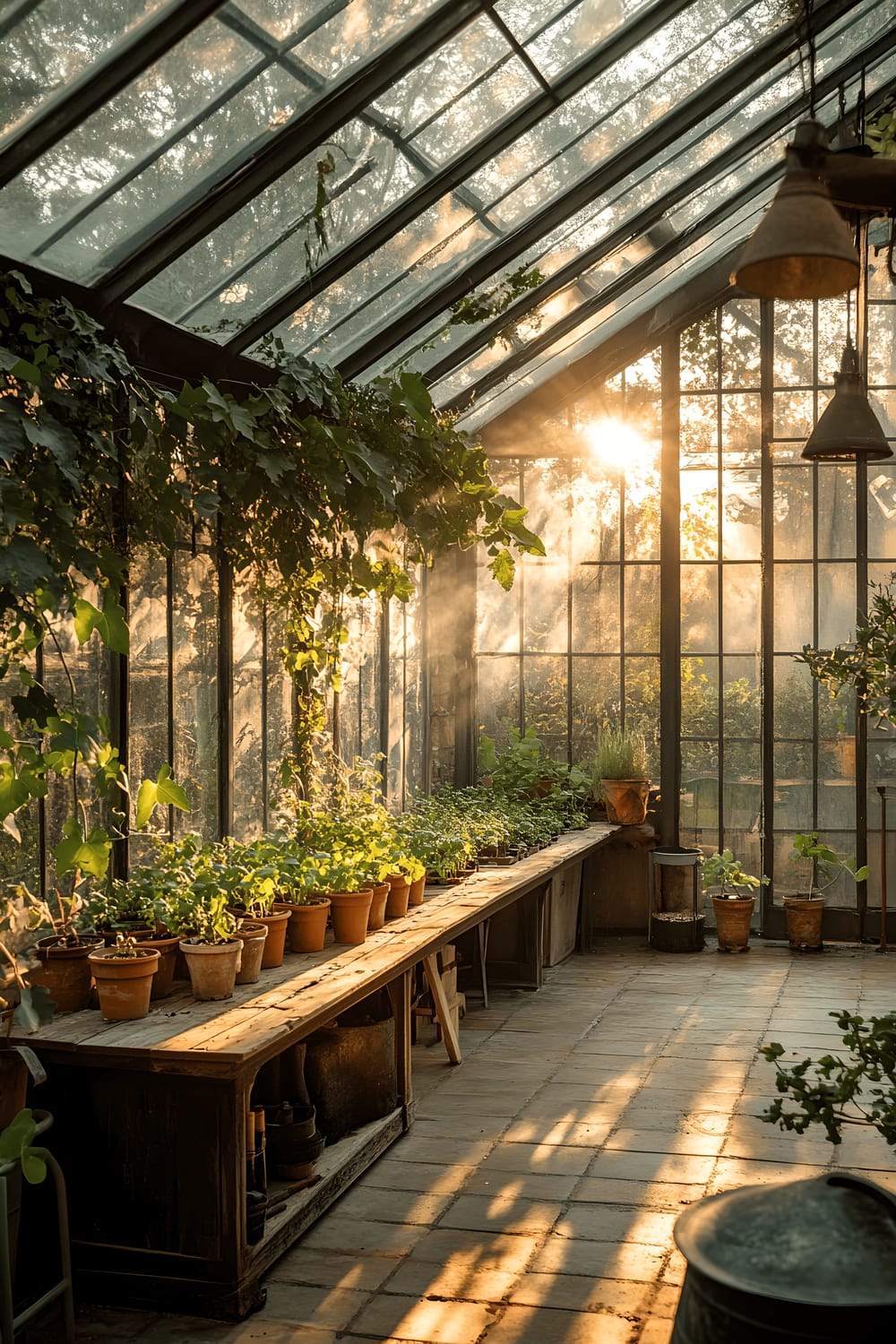 An enchanting greenhouse filled with plants, bathed in the golden hues of the setting sun. Ivy vines creep along the glass walls, complementing the numerous small, fresh seedlings that rest in terracotta planters on a long, wooden potting bench. An antique watering can rests nearby, contributing to the old-world charm of the space.