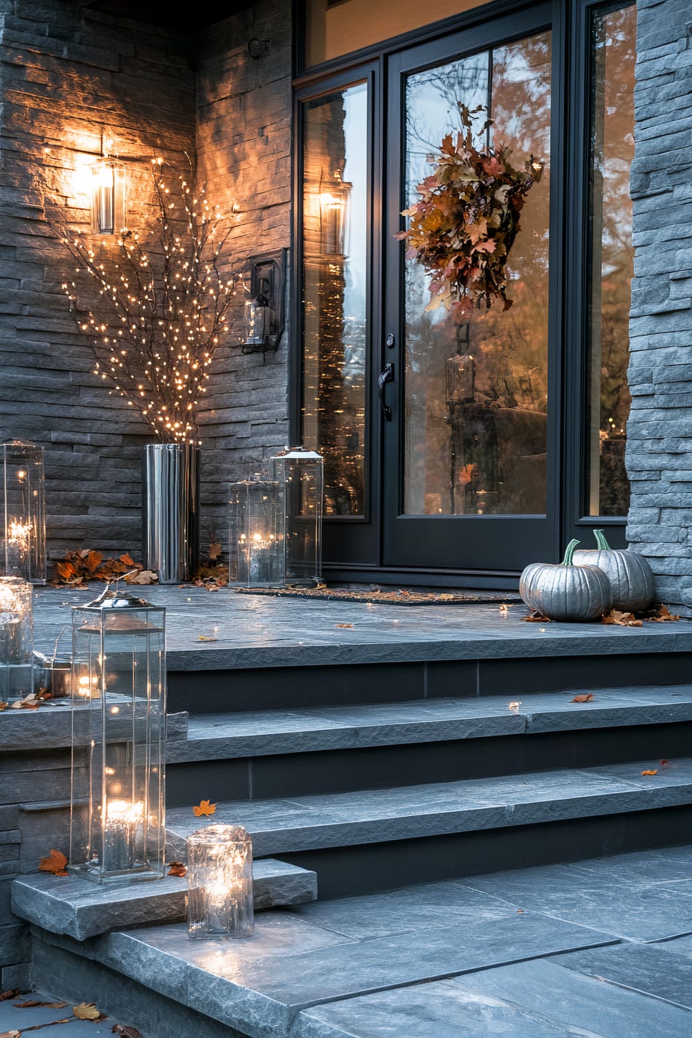 A modern front porch decorated for fall. The porch features gray stone steps and walls, illuminated by warm lighting. A group of glass lanterns containing candles is placed along the steps. Large metallic pumpkins and a wreath made of leaves adorn the front door.