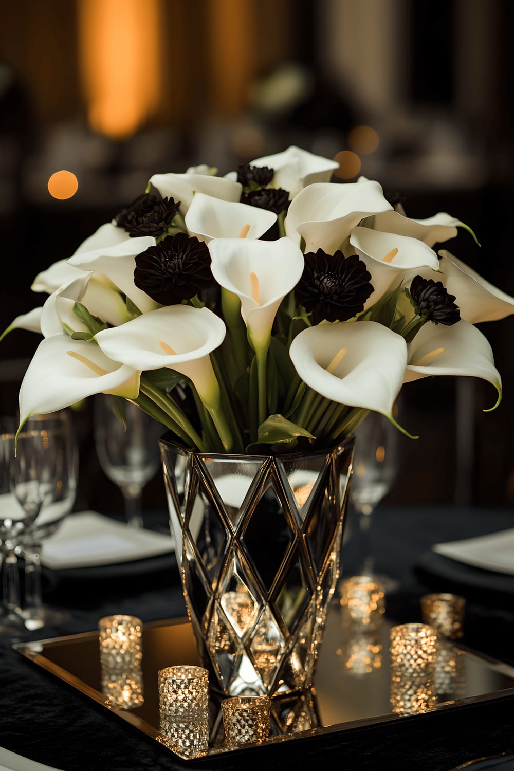 An opulent Art Deco-inspired table centerpiece featuring a symmetrical arrangement of meticulously placed white calla lilies and striking black dahlias in a mirrored geometric vase. The vase rests on a lush, deep navy velvet runner and is accentuated with scattered metallic gold accents and small crystal beads. The entire arrangement sits on a sleek black marble tray, carefully illuminated by focused, directional lighting.