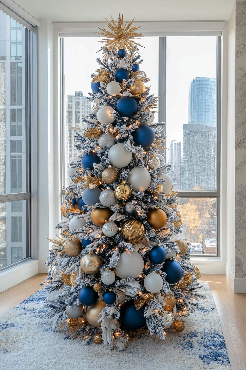 A beautifully decorated Christmas tree stands tall in a modern, high-rise apartment. The tree is adorned with an array of large, round ornaments in blue, white, gold, and silver hues. Snow-frosted branches add a wintry charm, while a golden star topper completes the look. Small, warm white lights are interspersed among the decorations. The background shows floor-to-ceiling windows that offer a view of a contemporary cityscape with tall buildings and some autumn-colored trees. The light from the windows enhances the tree's festive sparkle, and a patterned blue and white rug lies underneath.