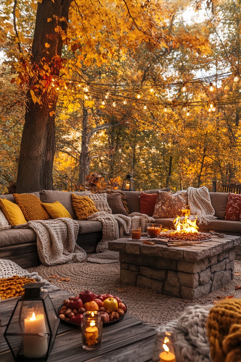 Outdoor patio scene showcasing a comfortable seating area with an L-shaped sofa adorned with various throws and pillows in autumnal hues such as mustard yellow, burnt orange, and deep red. Soft, chunky knit blankets add warmth. A stone fire pit is the focal point, with glasses and snacks placed around it. String lights hang from the trees above, illuminating the golden autumn foliage, enhancing the cozy atmosphere. A table holds a lantern and a bowl of fruits, contributing to the inviting setting.