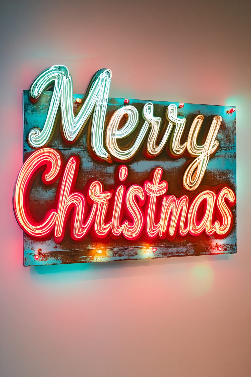 A vintage-inspired wooden sign with the words "Merry Christmas" in bold, playful fonts. The sign is mounted on a white wall and features neon-style lighting, with "Merry" in green and "Christmas" in red, along with multicolored bulbs along the edges. The ambient lighting creates a soft glow around the sign.