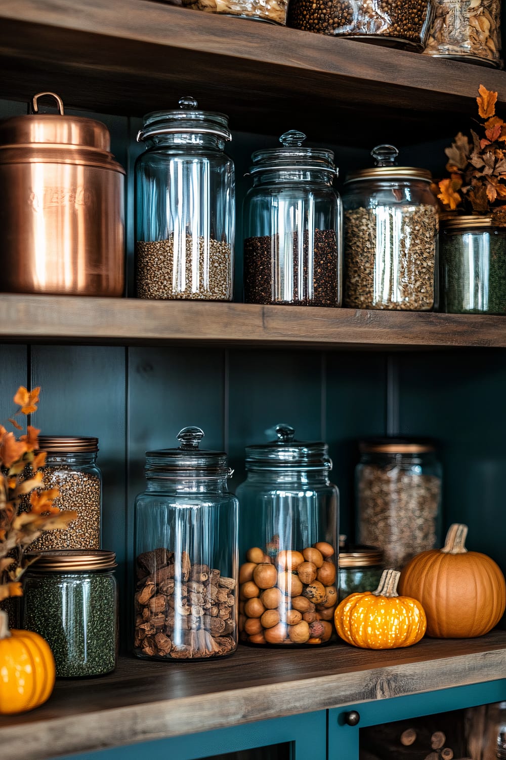 A pantry display featuring glass jars with various spices and ingredients, vintage copper canisters, teal and mustard reusable storage containers, wooden shelves, small decorative pumpkins, and sprigs of fall foliage.