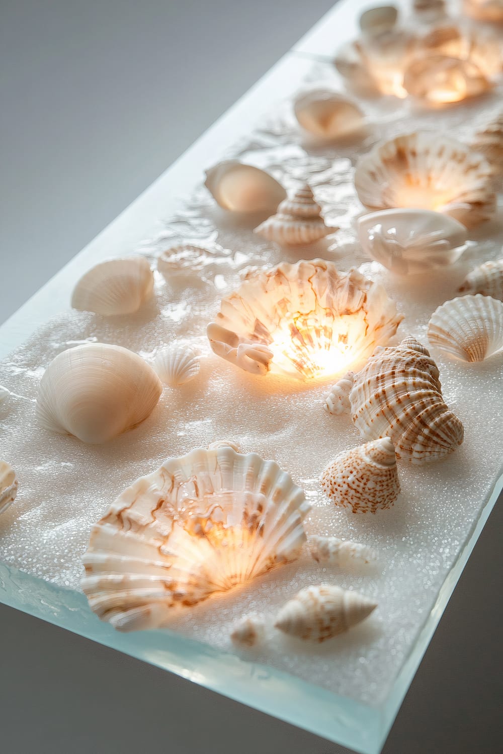 A resin tray embedded with neutral-colored shells and white sand, arranged in a symmetrical pattern. The display is softly lit, emphasizing the transparency of the resin and the textures of the shells.