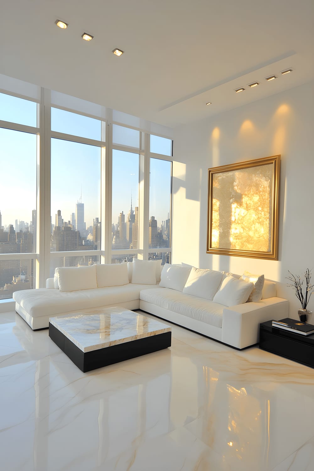 An elegant and well-lighted living room in a Chelsea apartment featuring a minimalist white sectional sofa, marble coffee table with gold accents, and abstract art on pristine white walls. Large floor-to-ceiling windows offer a view of the surrounding cityscape, while a sleek black media console sits below a flat-screen TV on the wall. The room is bathed in soft light from the recessed lighting in the ceiling.