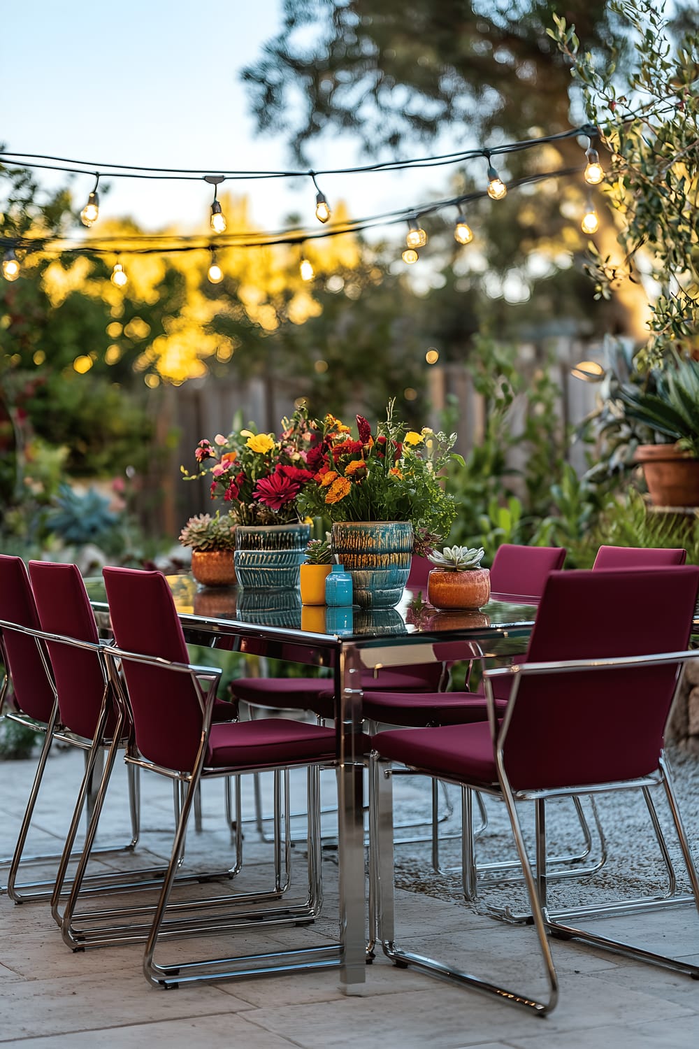 A contemporary outdoor dining arrangement at dusk featuring a sleek glass table with shiny metal legs, accompanied by ergonomic chairs in deep burgundy. Four multi-colored ceramic vases acting as centerpiece on the table are filled with fresh summer blooms. Overhead, ambient fairy lights add a magical glow to the space, while on the sides, pots full of vibrant herbs and succulents provide a touch of greenery. The soft warm illumination from the setting sun enhances the overall charm of the setting.