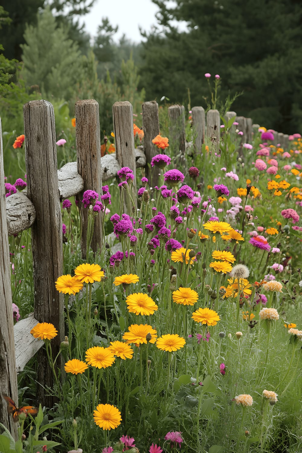 A vibrant edible flower meadow filled with wildflowers and culinary blooms including calendula, chicory, red clover, and dandelion, surrounded by a rustic wooden fence. A few butterflies are visible, gently fluttering amongst the blossoms.