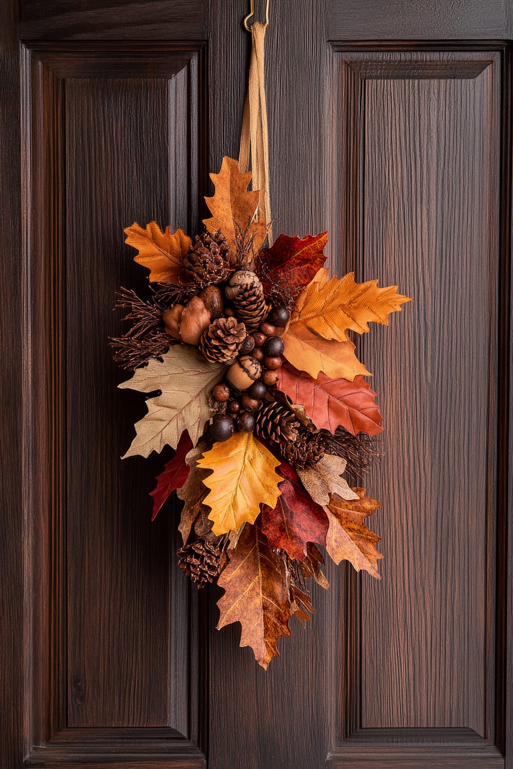 Autumn-themed wreath with a cluster of pine cones, acorns, and a variety of colorful fall leaves, predominately in shades of orange, red, and yellow, hanging on a dark wooden door.