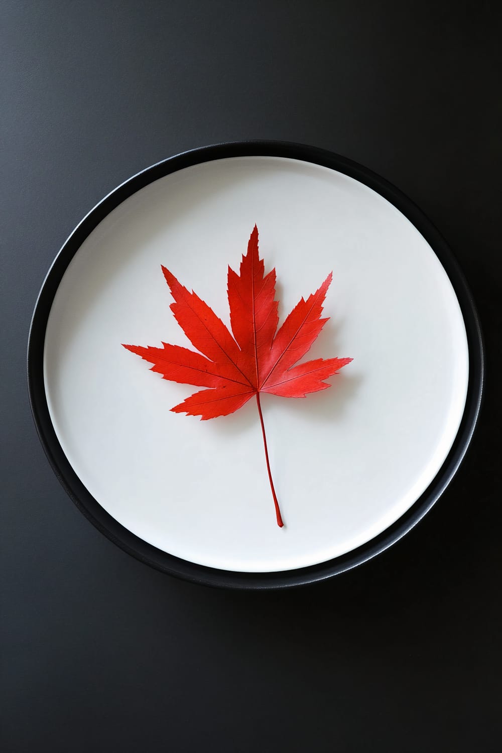 An overhead view of a black coffee table showcasing a contrasting white plate with a single bright red maple leaf placed at its center, embodying a minimalistic design with a strong bold color focus.