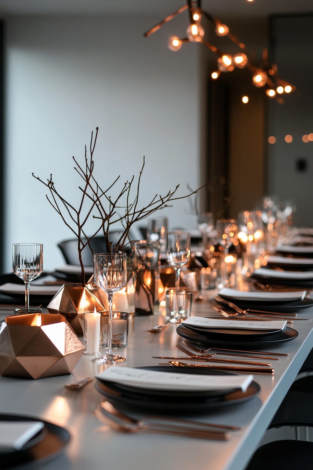 A sophisticated, modern dining table is set for a meal. It features black plates with white napkins, clear glass stemware, and gold flatware. Geometric candle holders and thin, bare branches in vases act as centerpieces. Warm, ambient lighting from above and surrounding candles creates a cozy atmosphere.