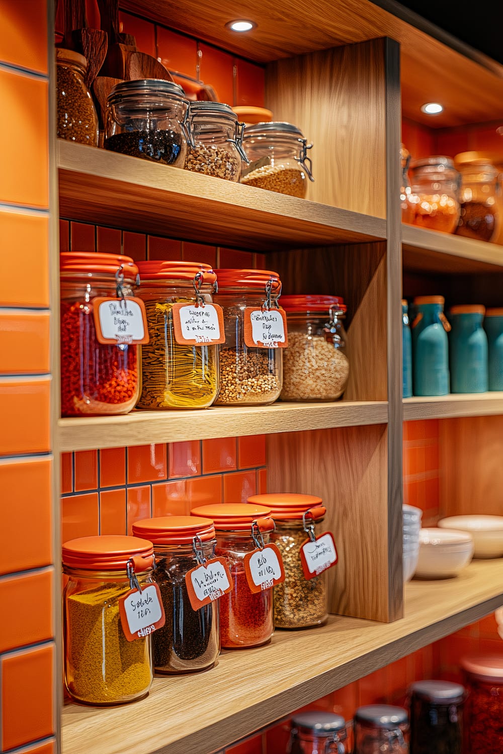 A retro kitchen pantry with three open wooden shelves mounted on a bright orange tiled wall. The shelves hold several glass jars with orange lids, each labeled with hand-written tags. The jars are filled with various spices and dried goods. Two wooden spice racks on the sides each hold five colorful spice containers. The overhead lighting highlights the organized and functional space.