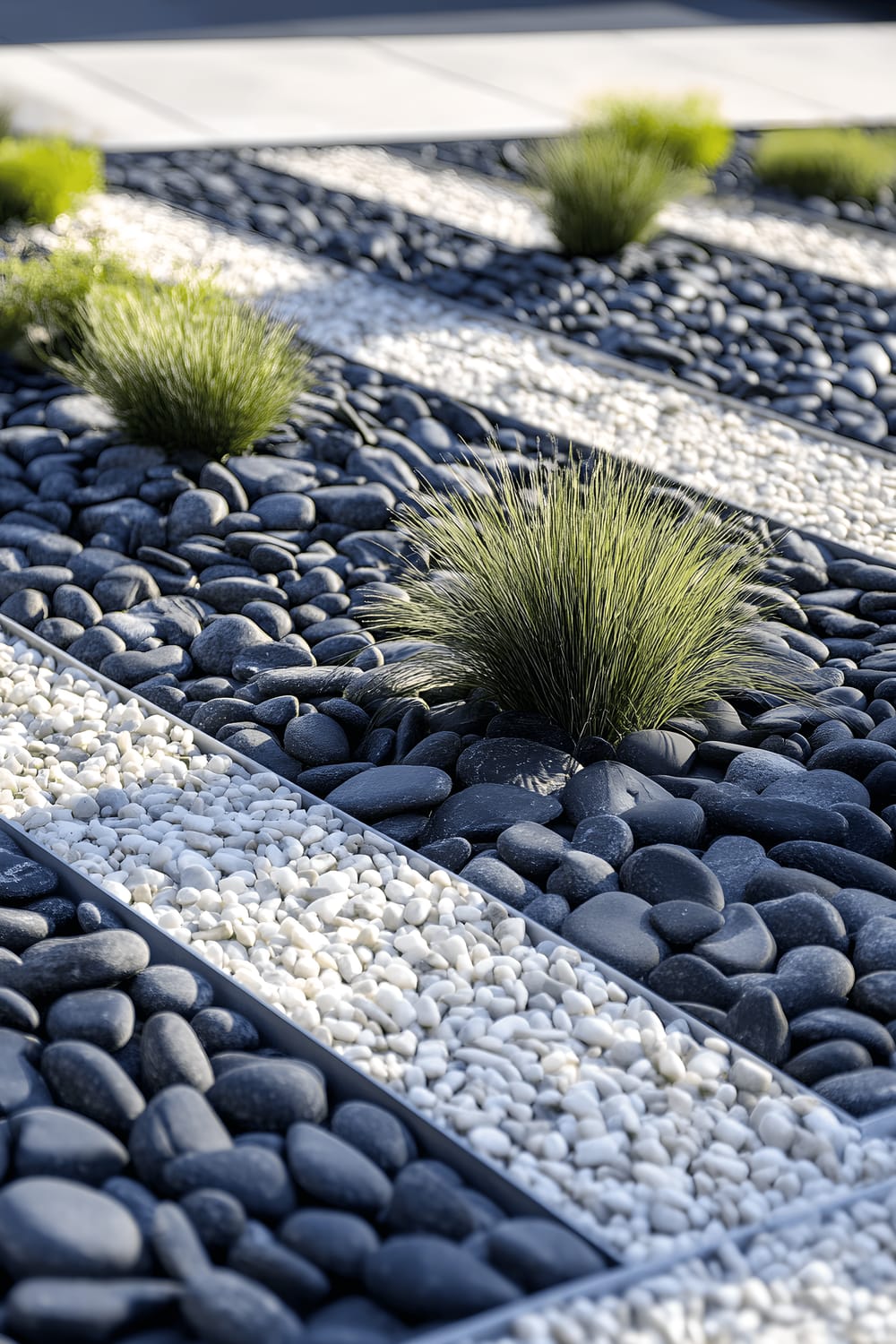 A high angle view of a minimalist garden bed, featuring a mix of black and white river rocks precisely arranged in geometric patterns. Sparse greenery, including small ornamental grasses, lends a hint of nature to the minimalist design. The scene is lit by the dramatic glow of the late afternoon sun.