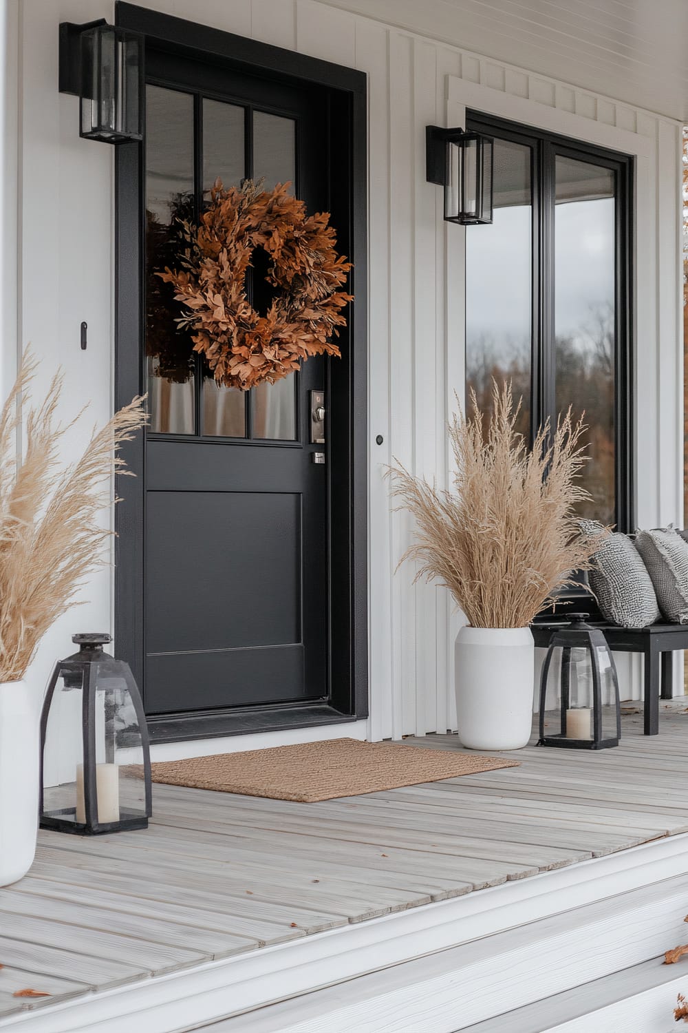 Image showing a stylish front porch with a black door decorated with an autumnal wreath made of brown leaves. Flanking the door are large white planters containing dried ornamental grass. Black lanterns with white candles sit on the wooden floor near the planters. A jute rug is placed in front of the door. To the right, there's a black bench with grey and white pillows. The exterior wall is white with vertical siding, and there are large windows with black trim.