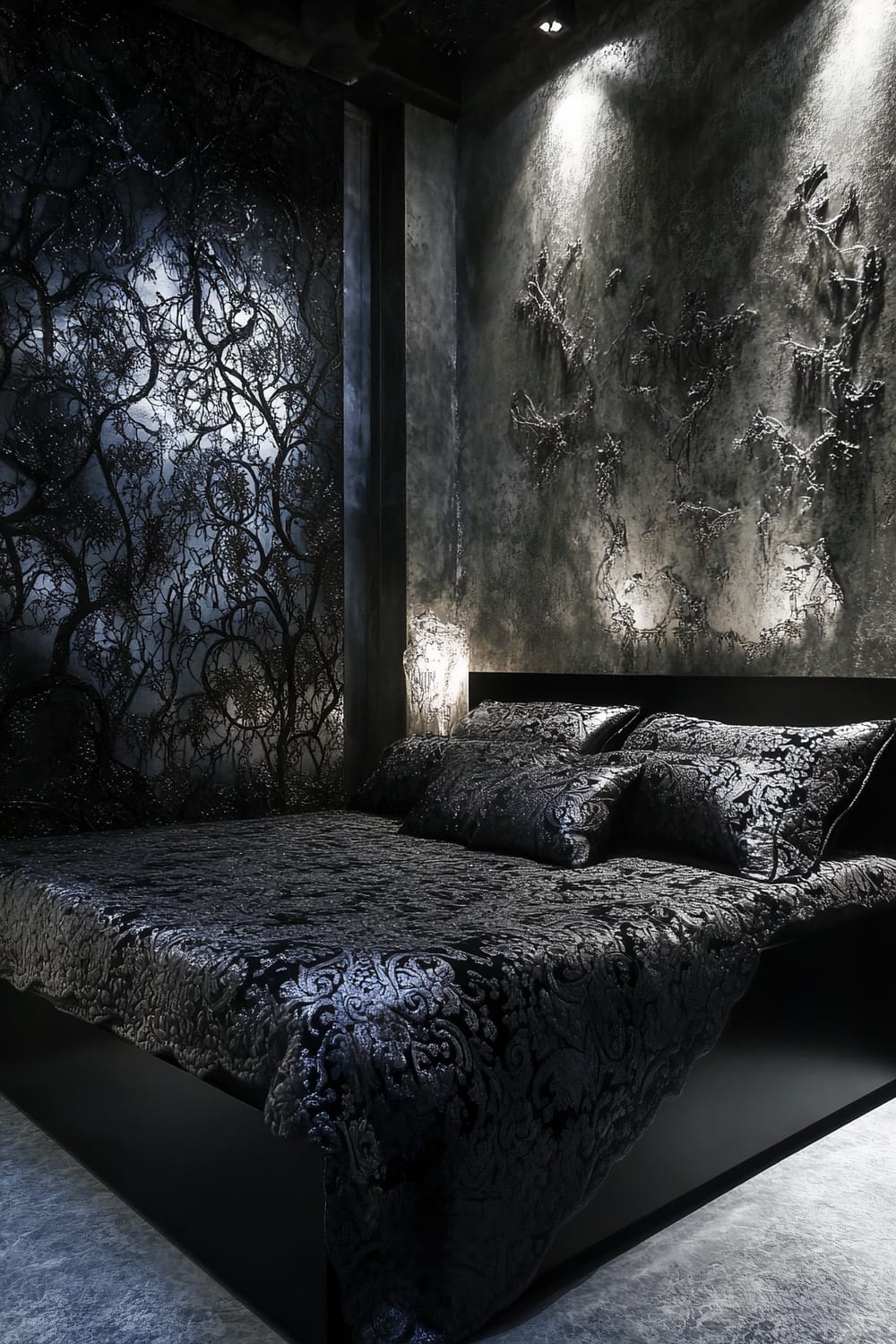 A modern Halloween-themed bedroom with a bold silver and black color scheme. The bed features metallic lace-patterned bedding and matching pillows. The walls are adorned with detailed, stylized dark branches, adding an enchanting and slightly eerie atmosphere. Ambient lighting casts gentle reflections on the bedding, enhancing the overall sleek and minimalist aesthetic.