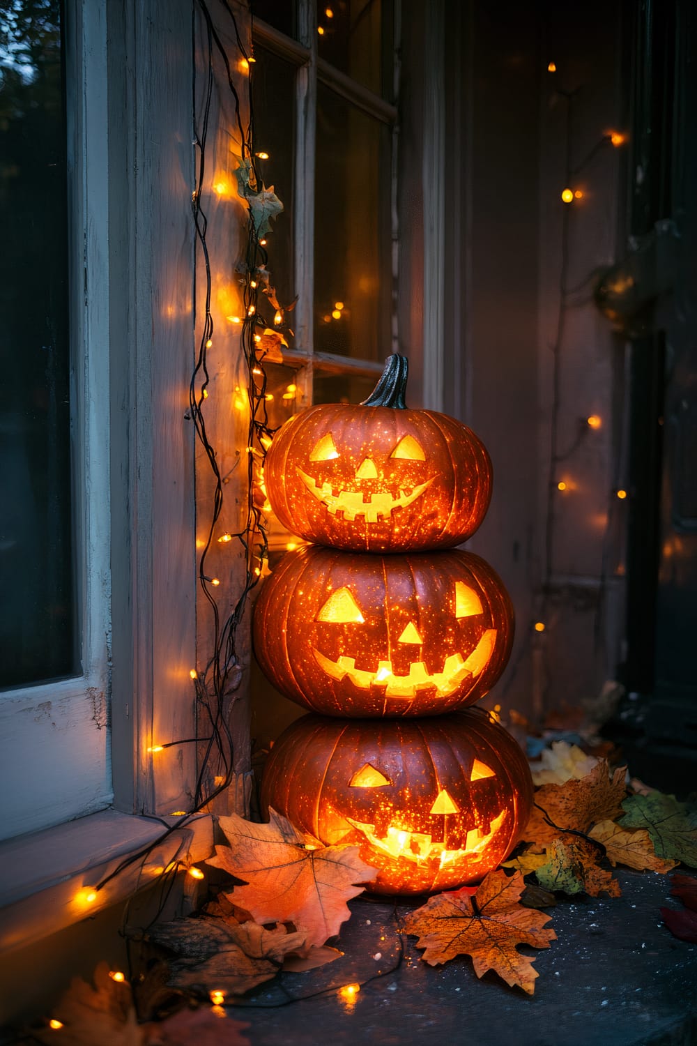 Three illuminated jack-o'-lanterns are stacked on top of each other beside an old wooden door. The pumpkins feature classic carved faces that emit a warm, glowing light. Orange fairy lights intertwined with fake leaves adorn the area around the pumpkins, creating a festive Halloween ambiance. Fallen autumn leaves are scattered on the ground, enhancing the autumnal atmosphere.