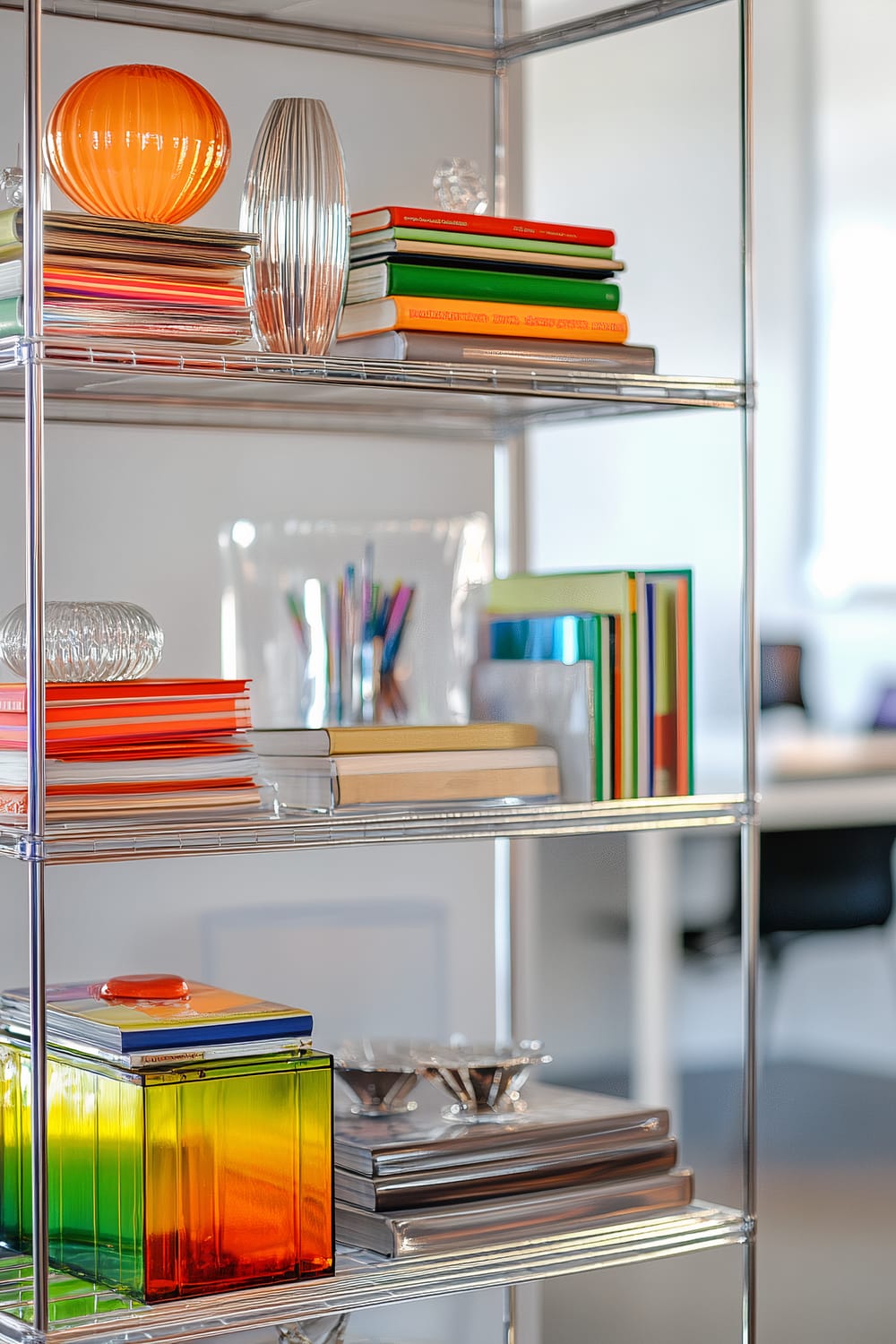 Close-up of a sleek silver metallic shelving unit in a bright home office, filled with colorful books, decorative glass items, and office supplies. The shelving unit is situated against white walls and is highlighted by focused lighting, making the metallic surfaces and colorful items stand out. The background includes a minimalistic desk and chair.