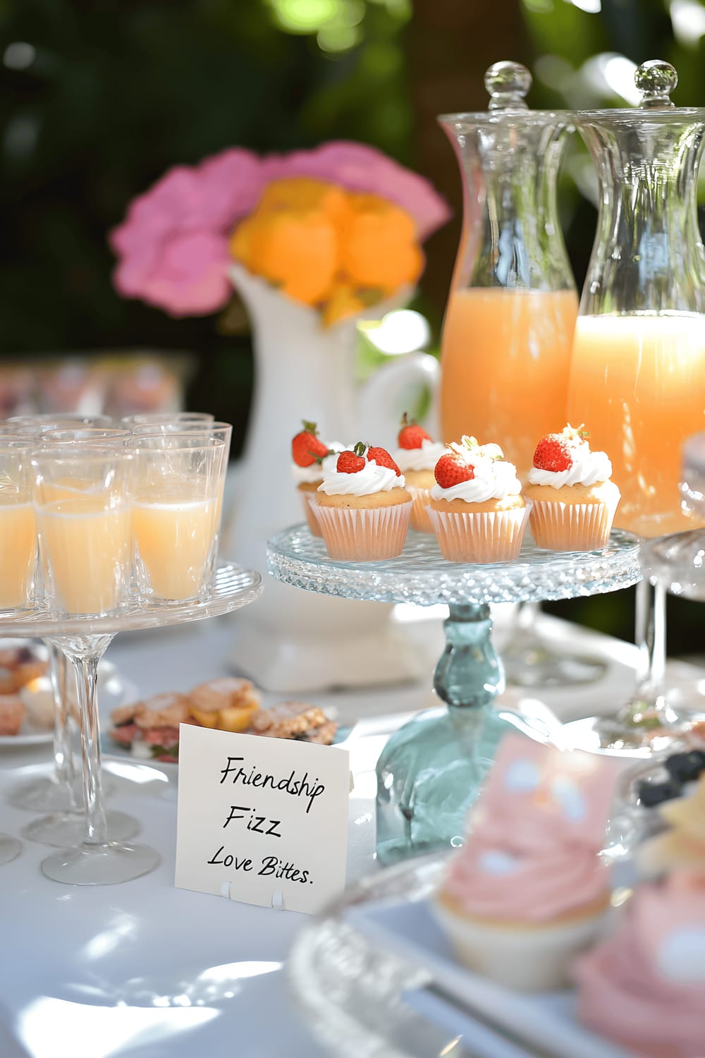 A beautiful food station with tiered trays loaded with a variety of cupcakes, cookies and fresh fruit platters. Next to it, a 'mimosa bar' presents glass pitchers of orange juice and champagne, labeled with cute phrases like "Friendship Fizz" and "Love Bites." Decorative labels and signages direct guests to different foods, and the set is complemented with pastel-colored glassware and garnishing items.