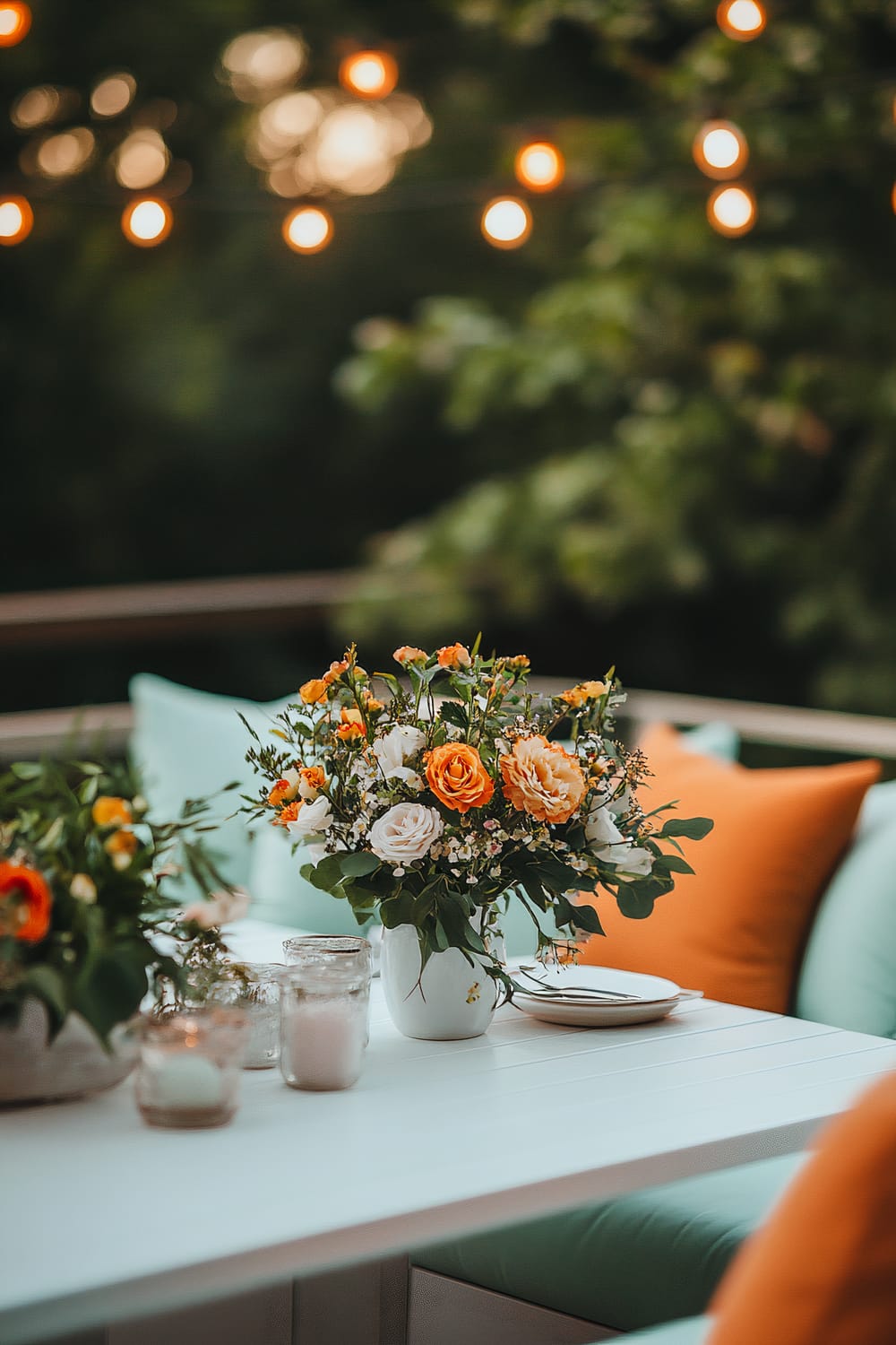 A charming Thanksgiving patio setup featuring a minimalist mint green outdoor sofa with sunset orange cushions. In the center is a sleek white table adorned with a simple centerpiece of sunset orange and mint green flowers. Soft string lights hanging above create a warm evening glow. Rustic wooden accents and a clean, inviting outdoor space with vibrant color pops complete the scene.