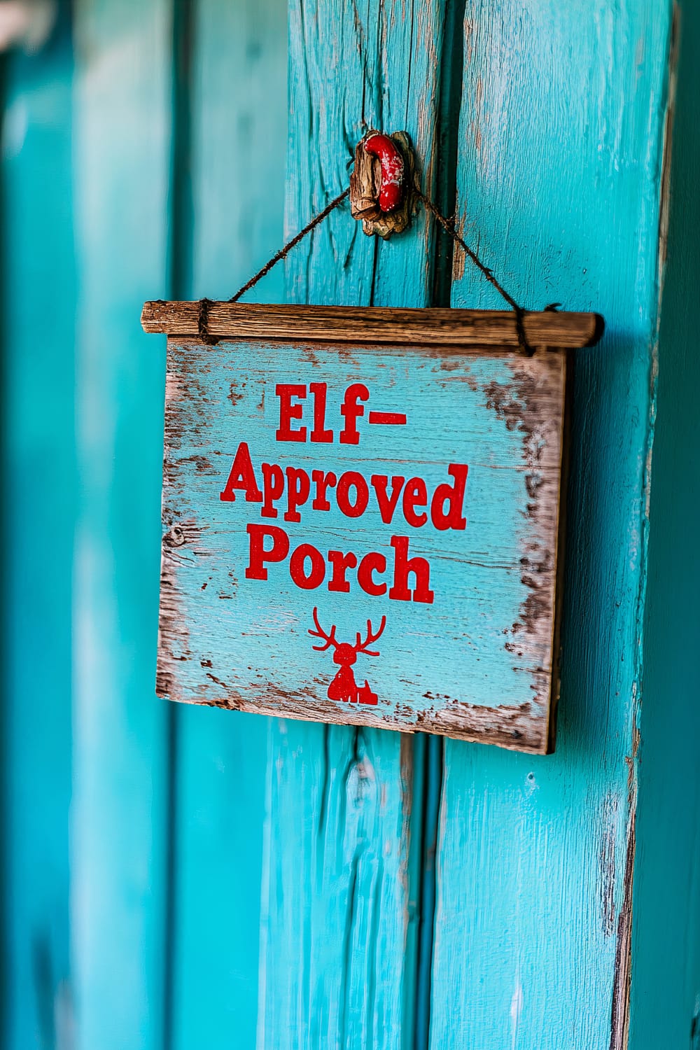 A weathered wooden sign with the text "Elf-Approved Porch" in red letters hangs on a rustic, vibrant turquoise background porch. The sign is suspended by a thin brown string attached to a small hook depicting a red holiday ornament.