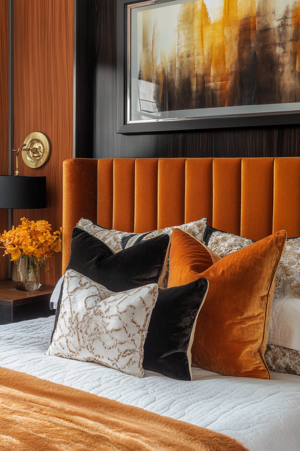 A luxurious bedroom features a striking orange velvet headboard against a dark wood-paneled wall with vertical grooves. The bed is adorned with an array of pillows in various textures and colors, including black, orange, and white with a gold pattern. A plush orange throw drapes over a white quilted bedspread. A gold wall sconce with a black shade and a small side table holding a vase of vibrant orange flowers add to the opulence. Above the headboard hangs an abstract artwork in shades of orange and brown in a sleek, dark frame.