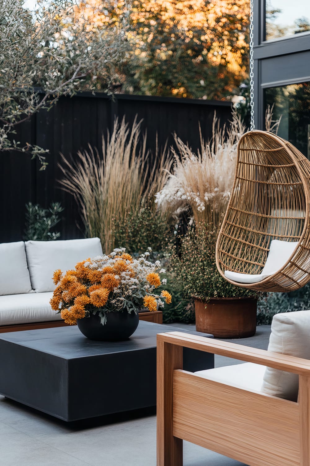 A stylish outdoor patio with a wicker hanging chair featuring white cushions, positioned next to a modern wooden armchair and a dark square coffee table. On the table, there is a black vase holding bright yellow flowers and white baby's breath. The background includes tall ornamental grasses and greenery against a dark wooden fence, with the faint hint of trees in the warm light of the setting sun.