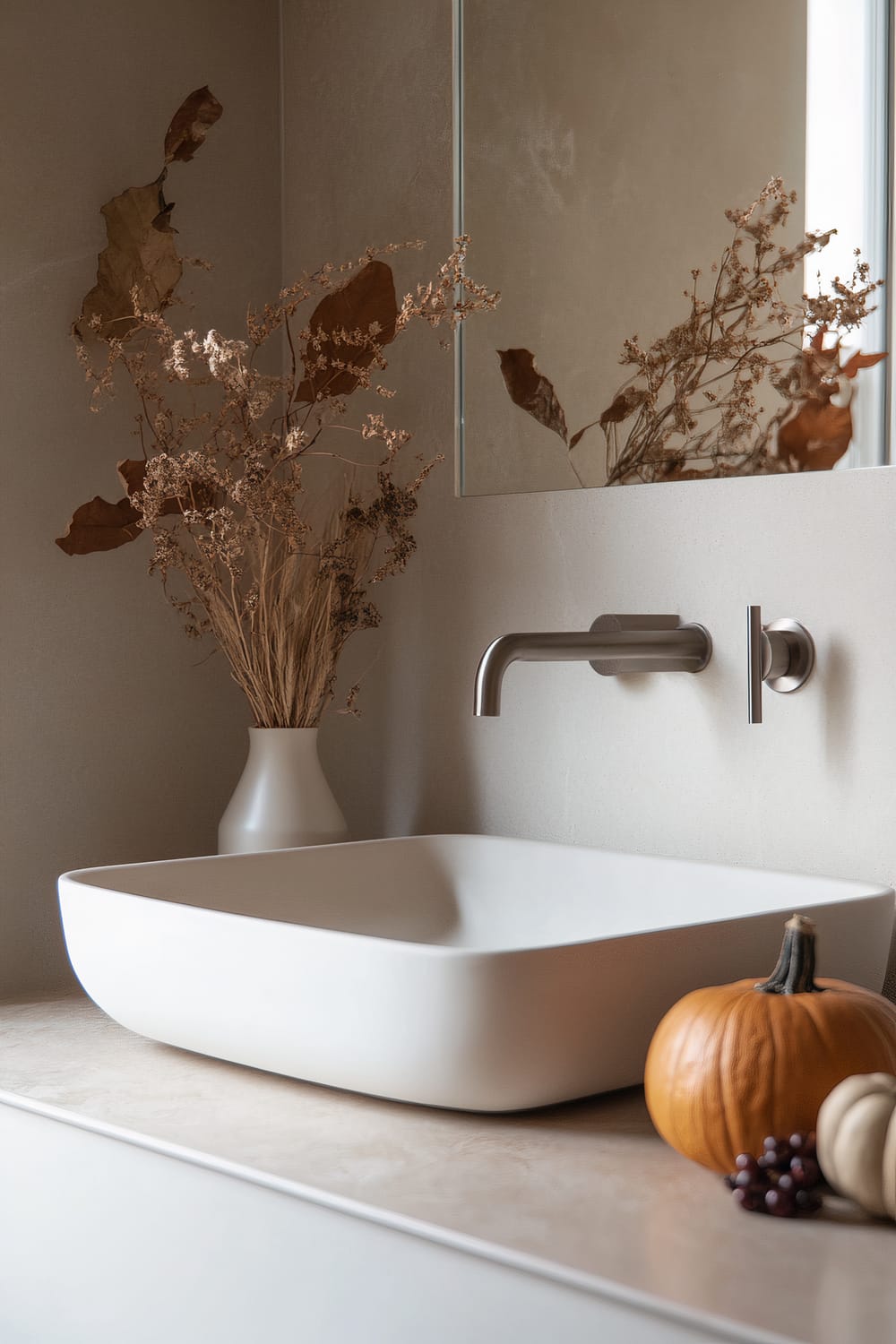 A minimalist bathroom sink setup featuring a modern wall-mounted faucet above a white, rectangular basin. A white vase with dried foliage and flowers sits to the left of the sink, while a small pumpkin, a gourd, and some berries rest on the right side of the basin. A large mirror is mounted on the wall above the sink, reflecting the autumnal decor.