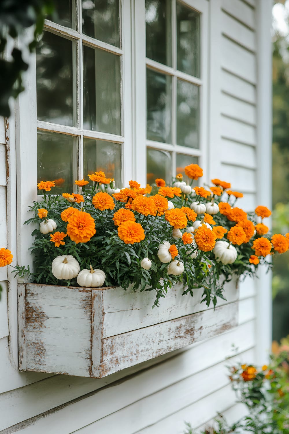 An image of a vintage white wooden window box affixed to an exterior wall painted in distressed white. The window box contains bright orange marigold flowers and small white pumpkins, creating a vibrant and rustic contrast against the weathered wood and the clear glass window behind it.