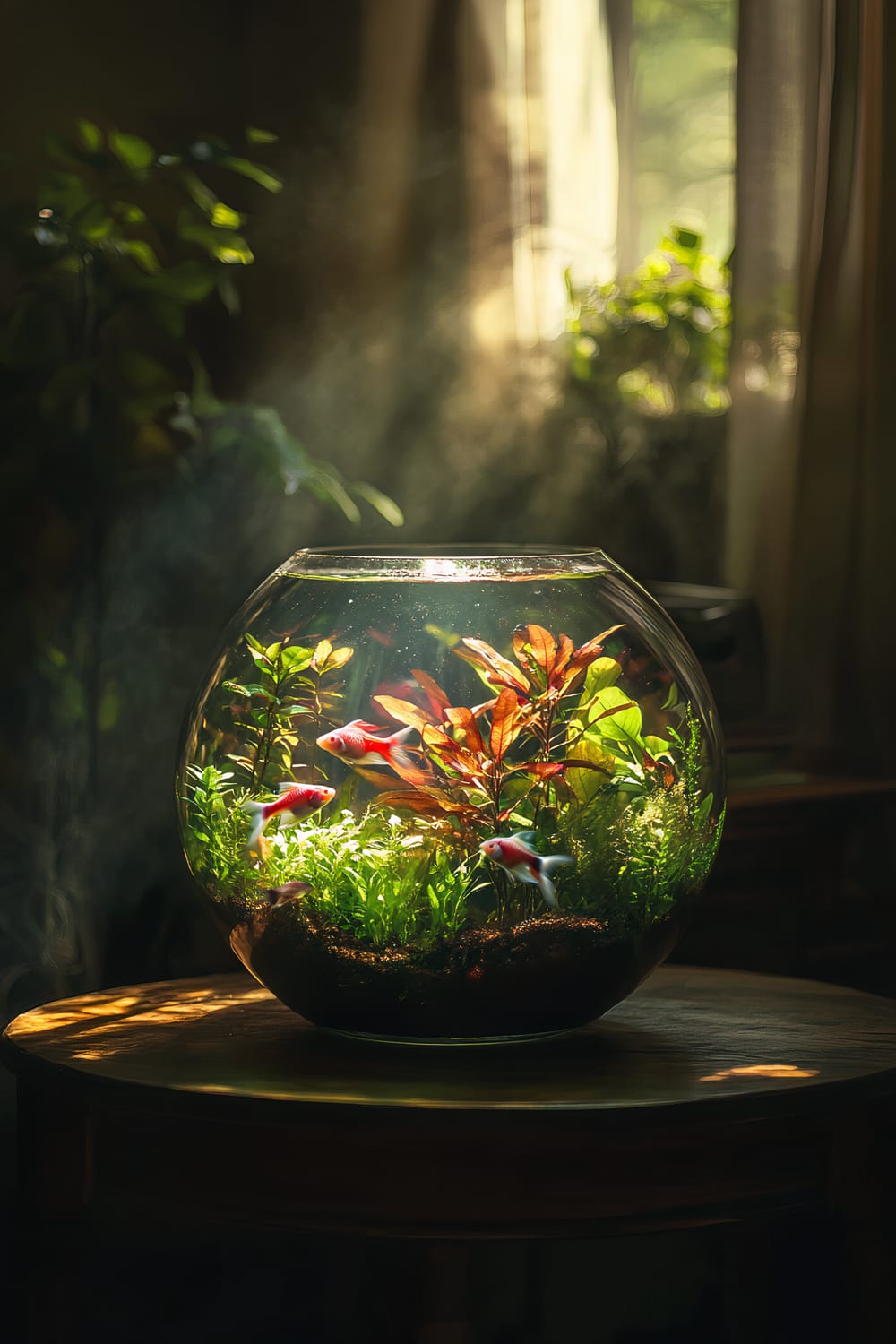 An image of a spherical glass fishbowl placed on a wooden table in a warmly lit room. The fishbowl contains vibrant green and red aquatic plants and several small, colorful fish swimming around. The background features soft light filtering through curtains, highlighting a lush green potted plant nearby.