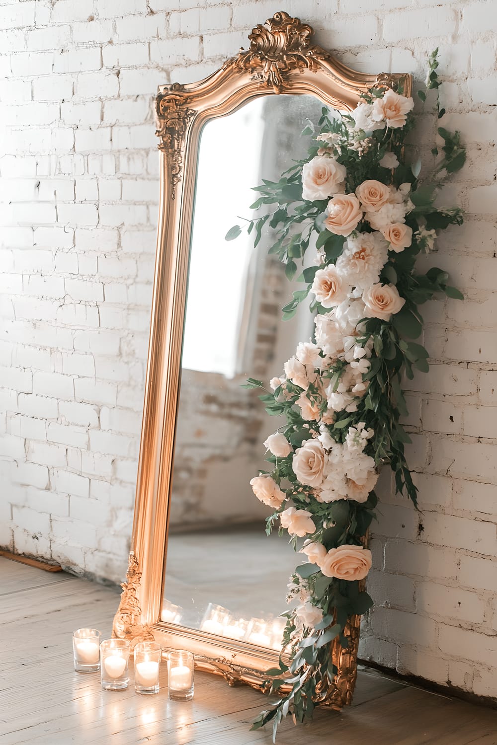 A vintage gold-framed mirror leaned against a whitewashed brick wall. The mirror is decorated with an upcycled garland of faux flowers in various hues, and soft candlelight reflections add a warm tone to the scene.