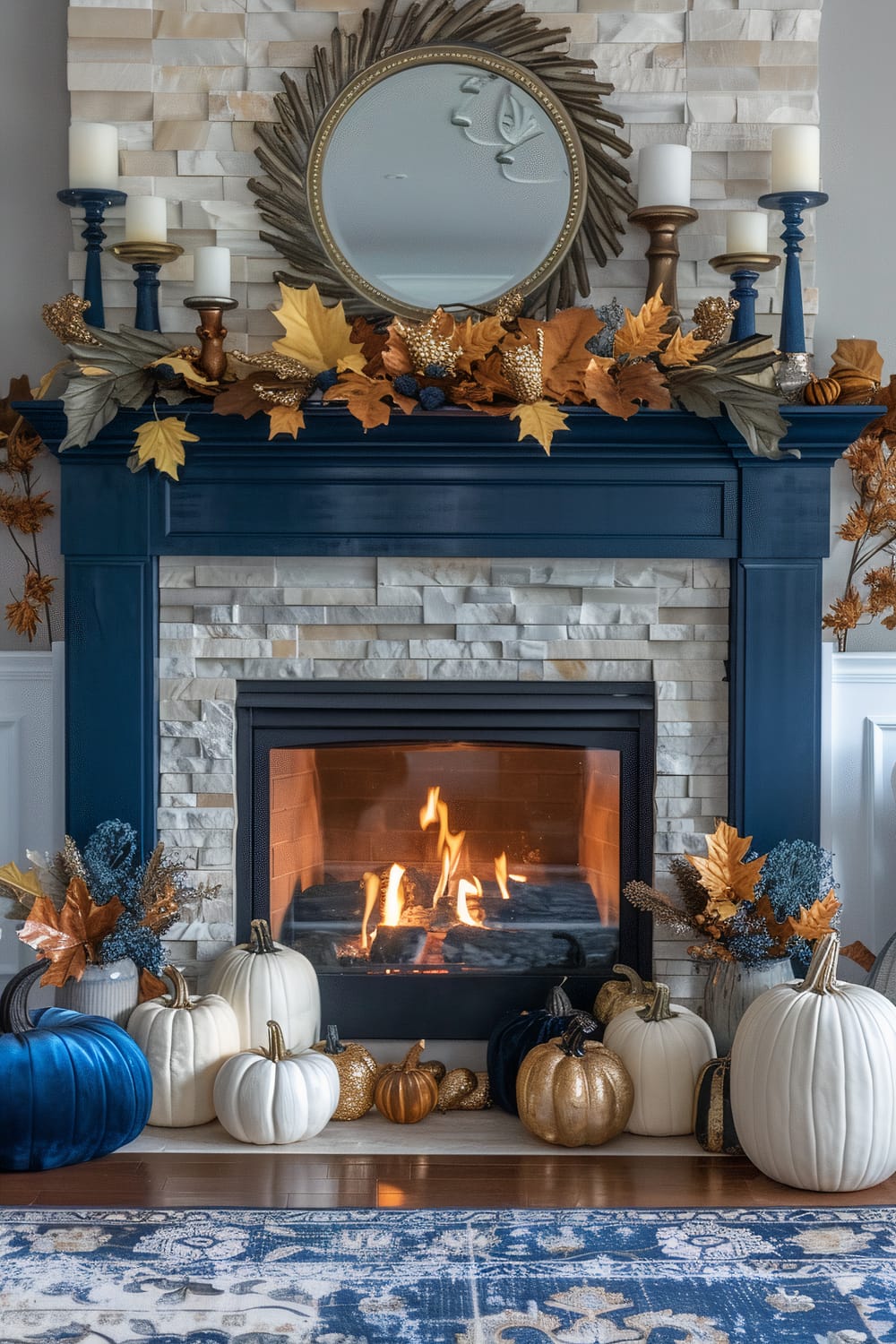 An elegantly decorated fireplace with a stone facade and dark blue mantel adorned with autumn leaves and candles. A fire burns brightly in the fireplace, surrounded by a collection of white, golden, and blue pumpkins. Above the mantel, a round mirror with a wooden frame reflects light and adds sophistication to the setting. A blue and white patterned carpet lies on the floor in front of the hearth.