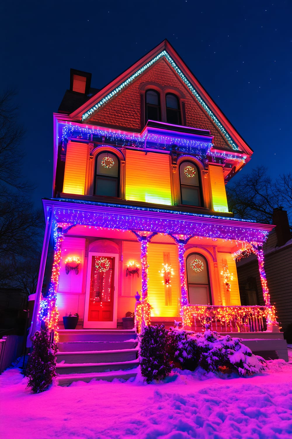 A Victorian-style house decorated with vibrant, multicolored Christmas lights during nighttime. The house features a steeply pitched roof with decorative gables, two arched windows on the upper floor, and a red front door. Snow covers the ground and shrubs, creating a picturesque winter scene. Illuminated wreaths are placed inside the windows and on the door, contributing to the festive atmosphere.