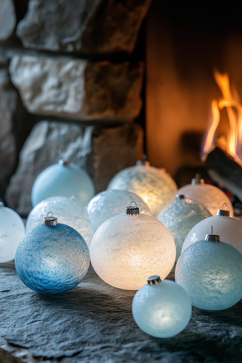 A close-up view of frosted glass baubles in cool tones of blue and white, arranged on a stone surface in front of a lit fireplace. The baubles are illuminated by the firelight, creating a warm, glowing atmosphere against the rustic stone background.