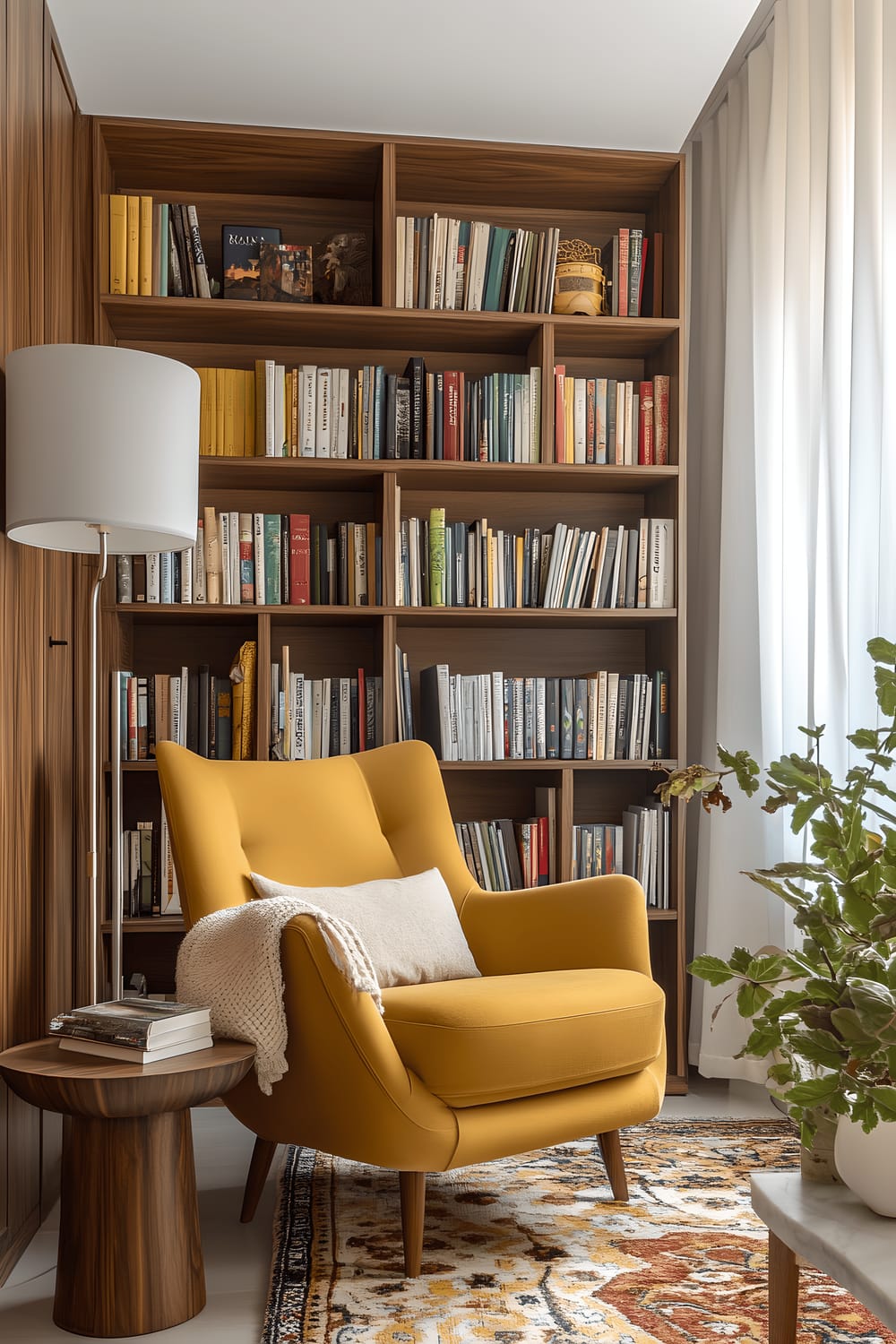 A bright and warmly furnished reading nook in a Milan home, with a mid-century modern mustard yellow armchair, a walnut side table, and a white shade standing lamp. The corner nook sits adjacent to a large floor-to-ceiling bookshelf filled with colourful books and decorative items. A soft knitted throw is draped over the armchair and a patterned area rug in earthy tones completes the scene.