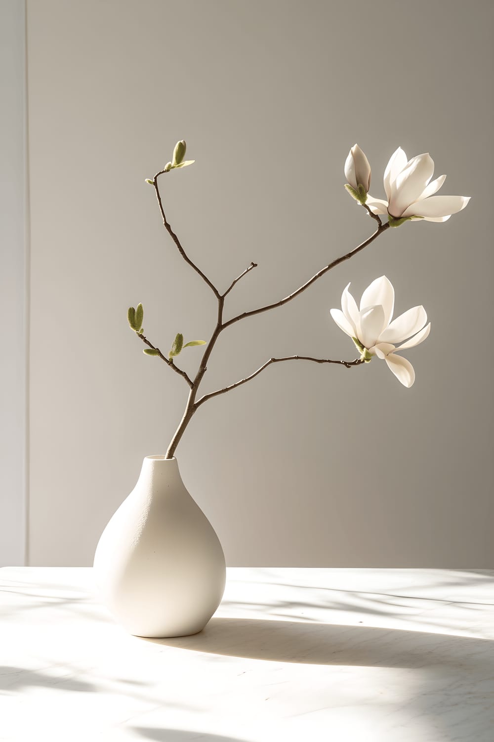 A minimalist dining table centerpiece comprised of a single white ceramic vase in a sculptural form. The vase holds carefully arranged magnolia branches. The setting is softly lit, with light bouncing off the smooth table surface, highlighting the elegance of the vase.