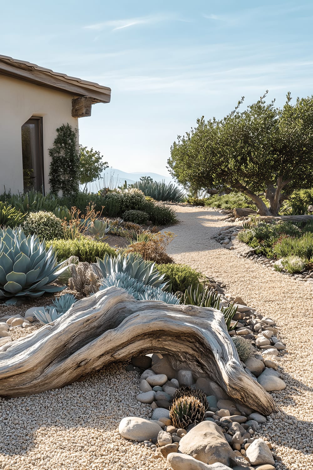 A picturesque garden with sand-colored gravel pathways meandering between beds of drought-tolerant succulents and agave plants. Large pieces of driftwood are scattered around, serving as natural sculptures, adding to the coastal vibe of the space.