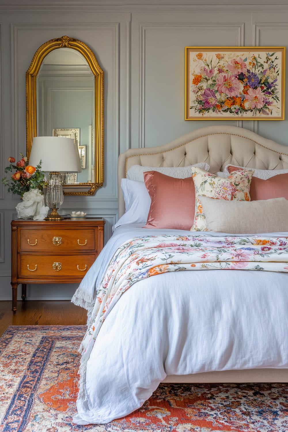 A bedroom scene featuring a luxuriously decorated bed with a tufted cream headboard, adorned with various pillows including floral and satin finishes. The bed has white linens with a floral-patterned throw blanket. To the left is an elegant wooden nightstand with brass hardware, holding a glass lamp with a white shade, and a floral arrangement in a vase. Above and to the left of the bed is a large, vertical, ornate gold-framed mirror, reflecting parts of the room. On the wall above the bed is a colorful floral painting in a yellow frame. The walls are a soft blue with detailed molding, and the floor has a classic patterned rug in shades of orange and blue.